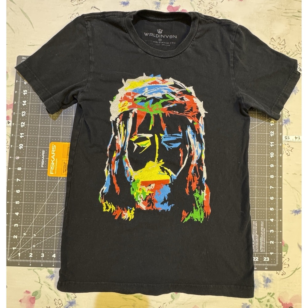 WRLDINVSN Abstract Jesus Graphic T-Shirt Mens Small Black Streetwear Tee